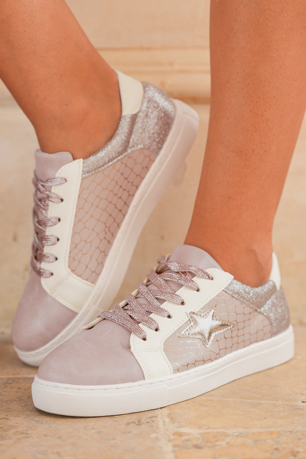 Gold Glitter Star Patchwork PU Leather Lace Up Sneakers