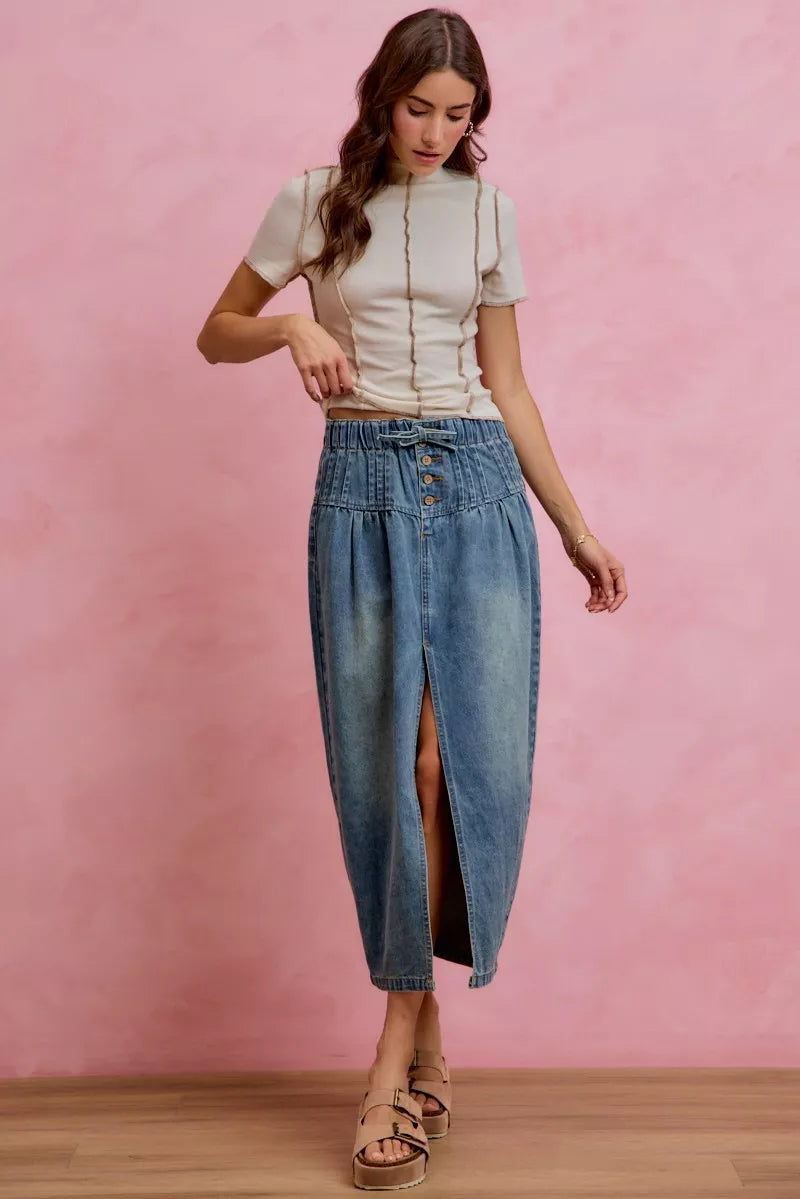 Denim Pleated High Waist Button Front Maxi Skirt With Front Slit by SO ME