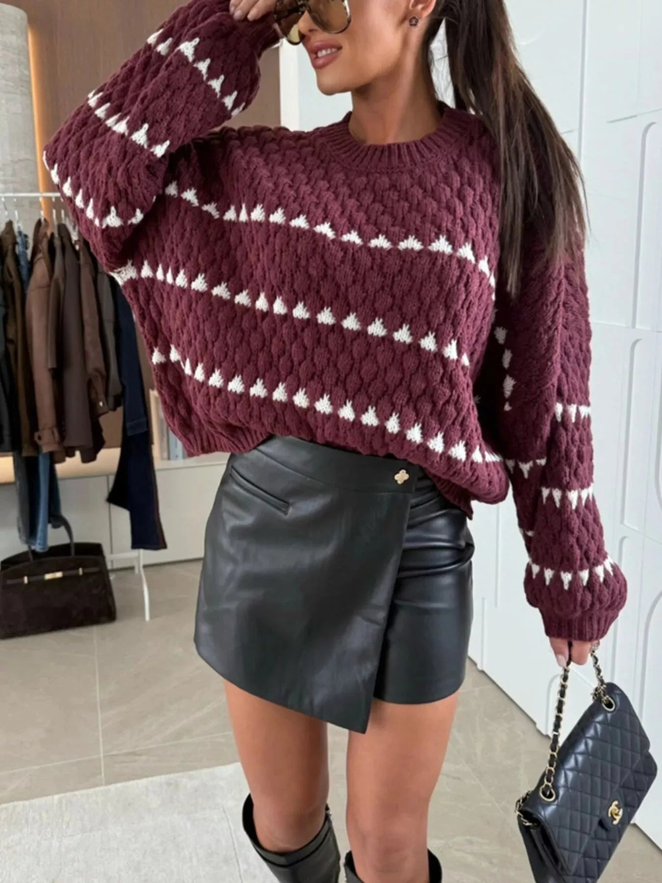 Striped Chunky Knit Sweater with Balloon Sleeves