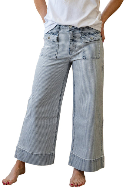 Sky Blue Striped Button Flap Pocket Wide Leg Denim Jeans