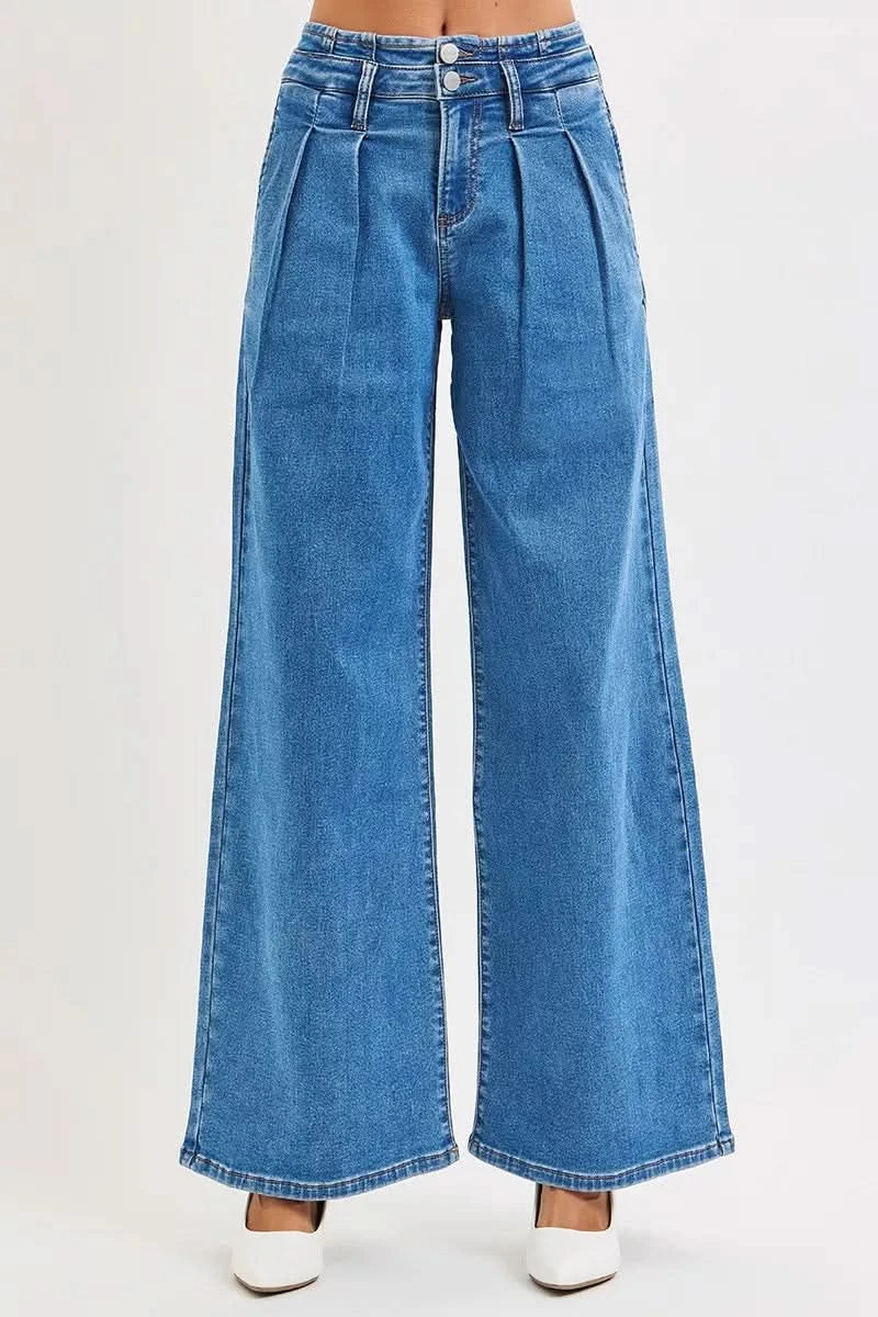 RISEN Plus Size Mid Rise Wide Leg Jeans With Pleated Detail For Flattering All Day Comfort Full Size