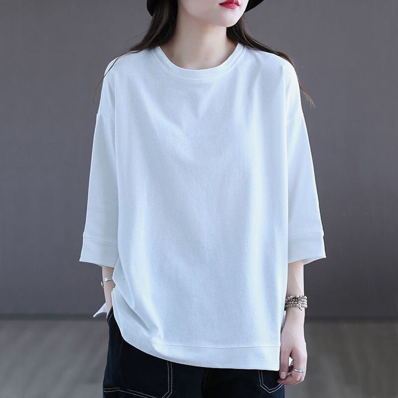 Solid Color Slim Fit Cotton 7/8 Sleeve T-Shirt