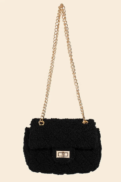 Fame Faux Fur Rectangle Crossbody Bag With Gold Turn Lock