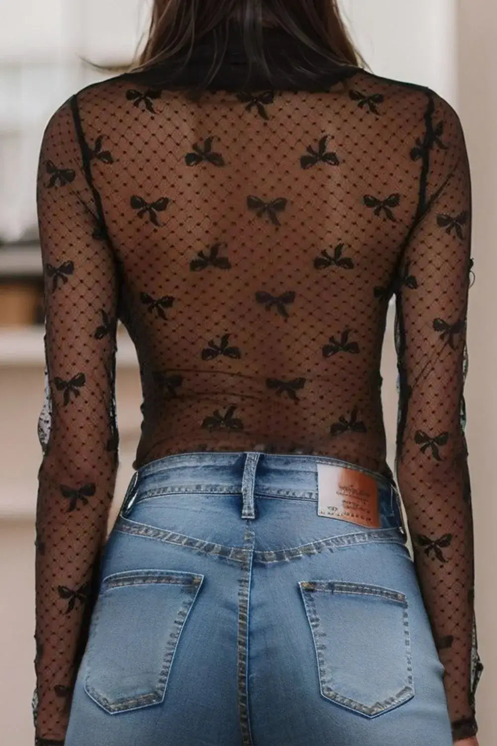 Bow Round Neck Sheer Lace Top With Stretch Fabric Imported