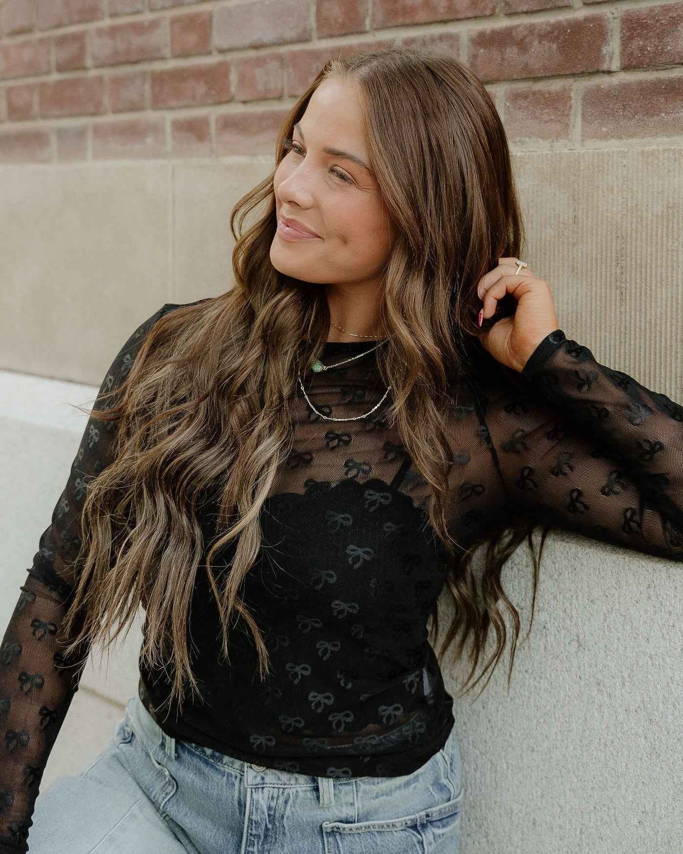 Black Bow Pattern Long Sleeve Slim Fit Mesh Top