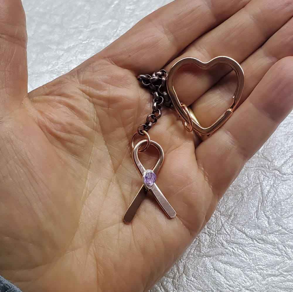 Handmade Caregiver Crystal Copper Ribbon Heart Key Chain