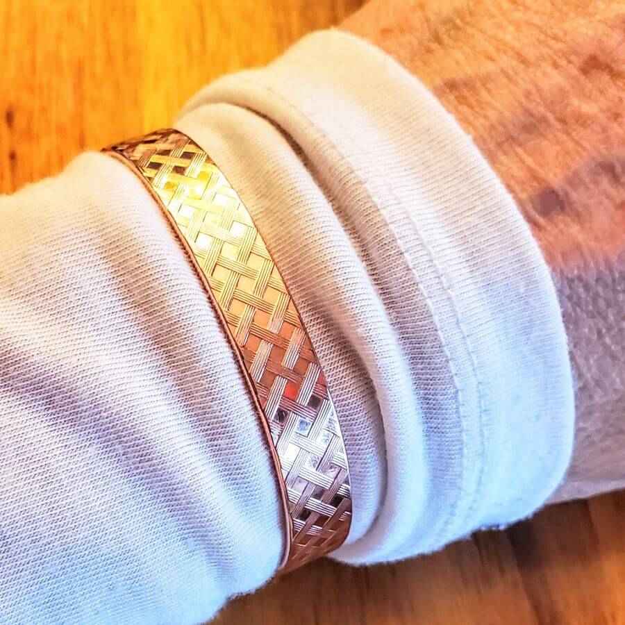 His and Her Copper Embossed Weave Cuffs 16 Gauge