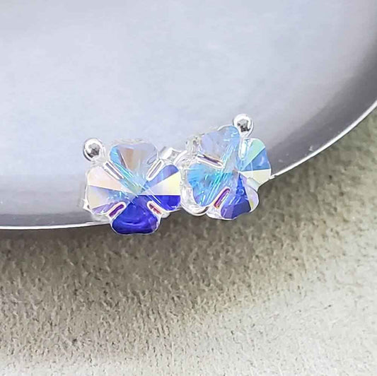 8mm Crystal Clover Silver Spiral Ear Studs