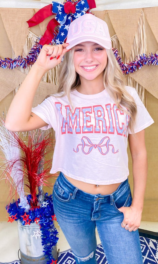 America Filly Bow Graphic Crop Top T-Shirt