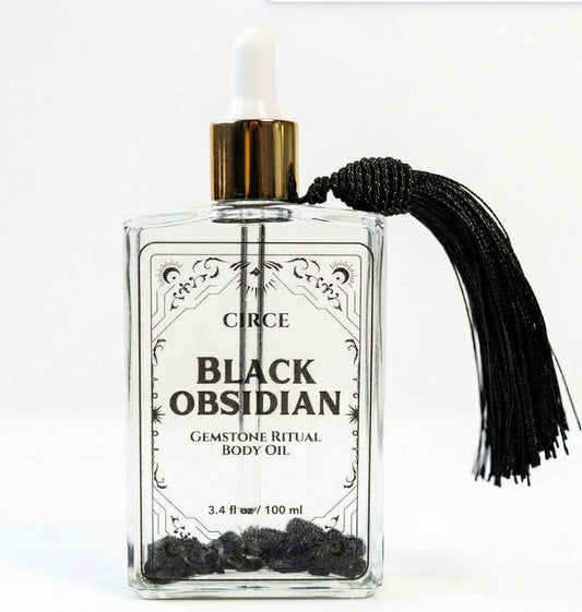 Black Obsidian Gemstone Body Oil — Protection & Grounding Shimmer Oil with Amber & Vanilla