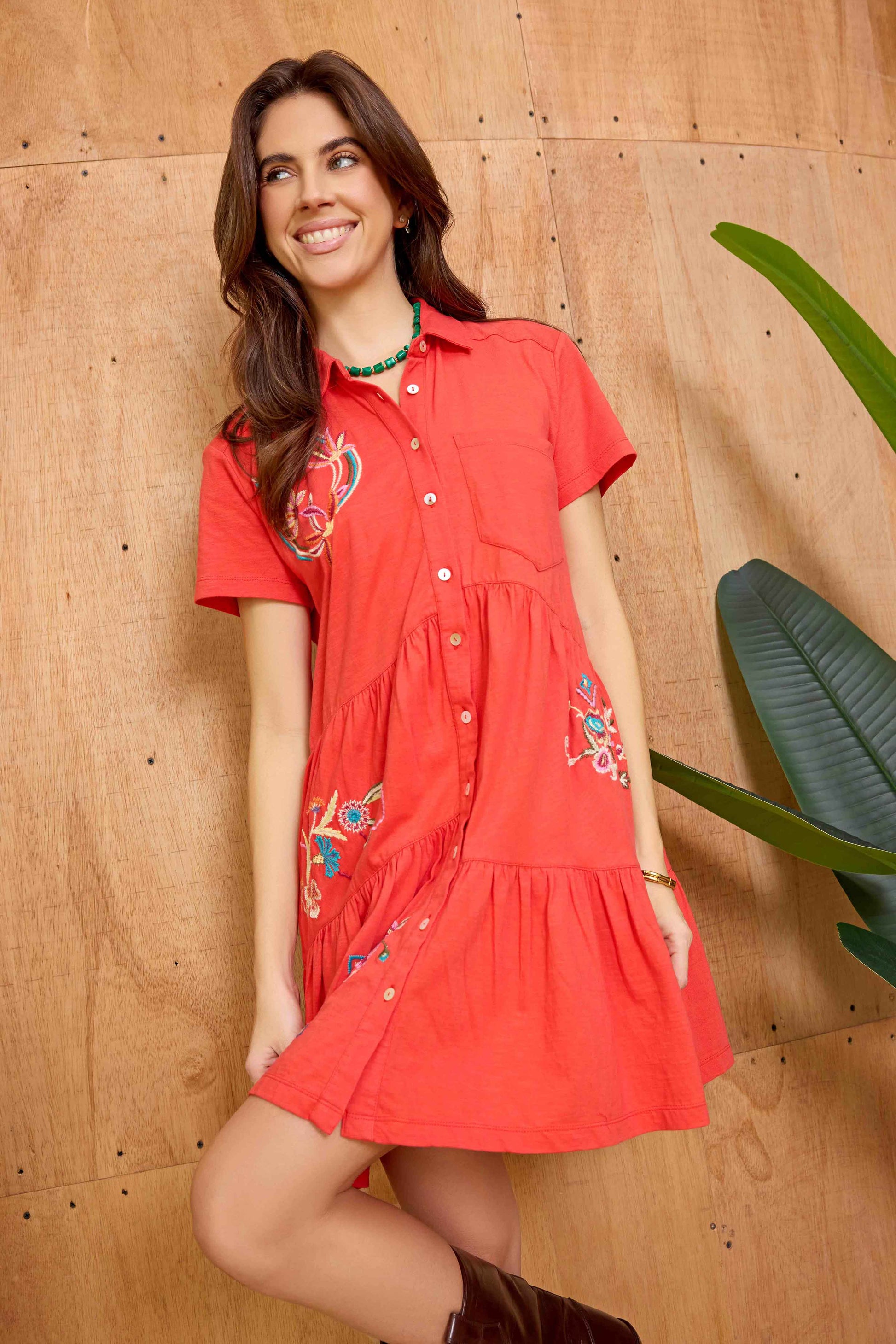 Bohera Sunweave Embroidered Button-Front Tiered Midi Dress in Canyon Ember Canyon Ember / Extra Large Bohera Sunweave Embroidered Button-Front Tiered Midi Dress in Canyon Ember Canyon Ember / Extra Large
