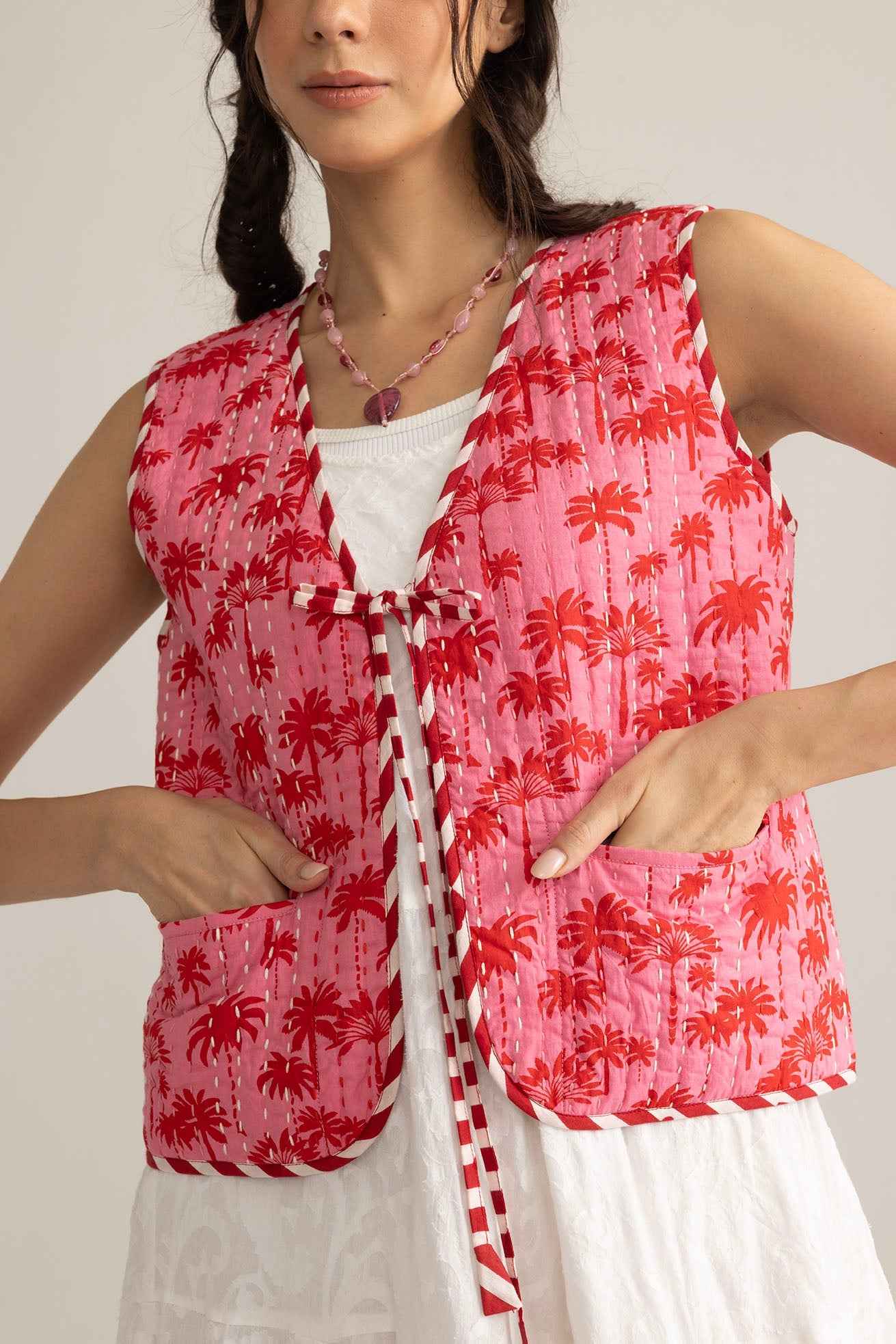 Bohera Sunset Palms Cotton Jacket in Blush Pink