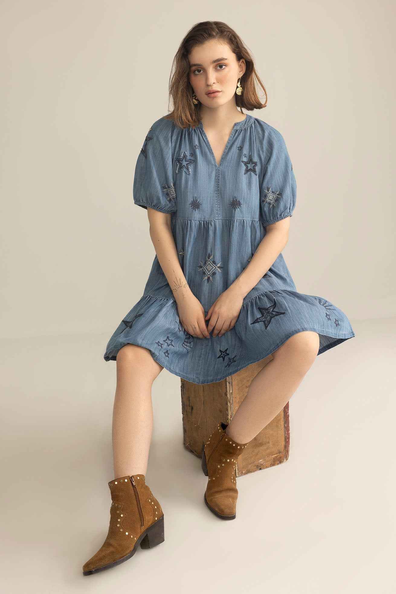 Prairie Hymn Embroidered Dress in Dusty Blue