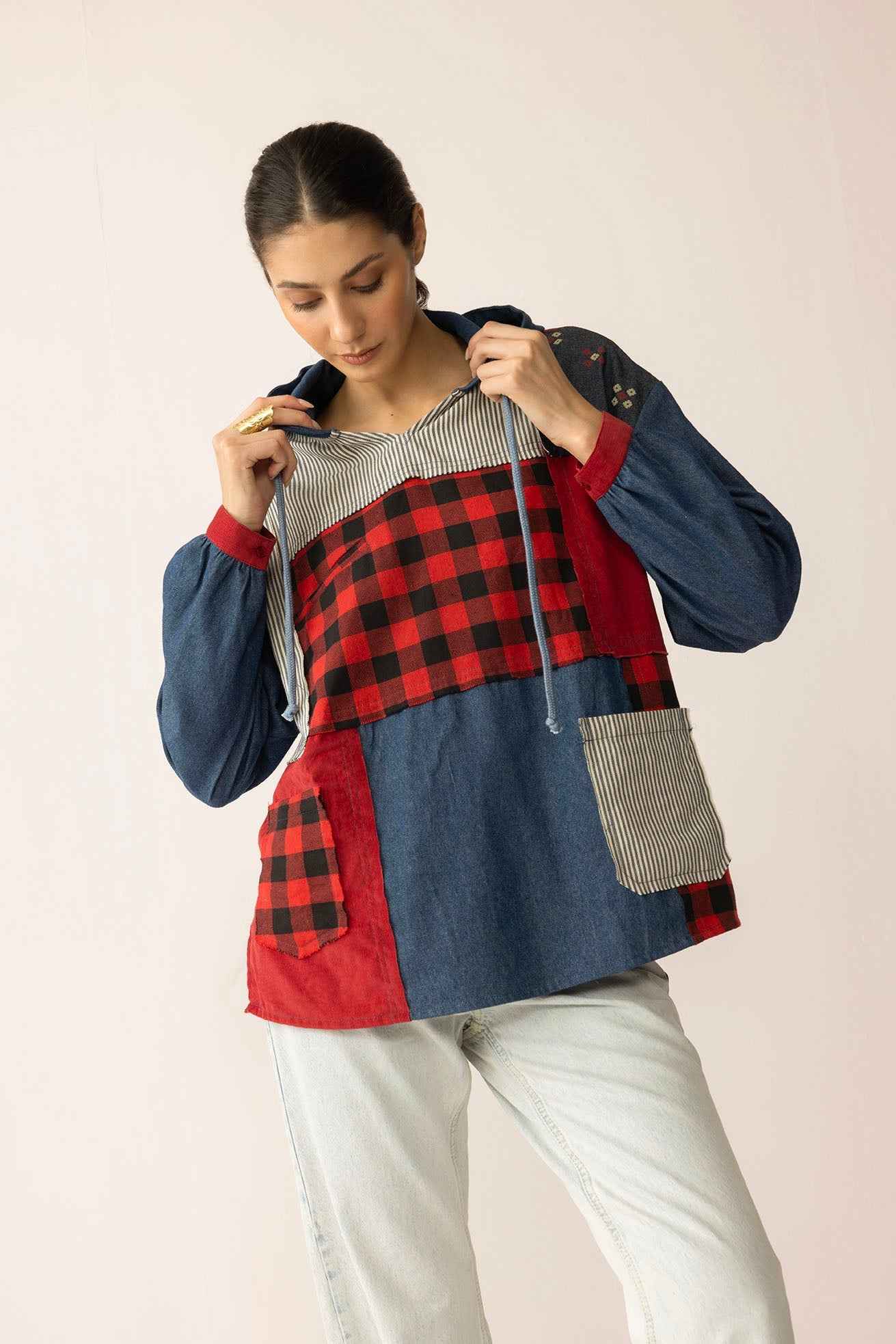 The Americana Patchwork Hoodie in Cherry Denim