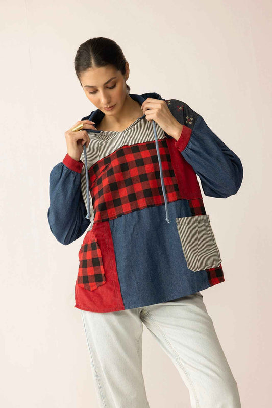 The Americana Patchwork Hoodie in Cherry Denim