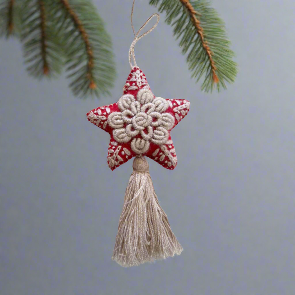 Red Star Embroidered Felted Wool Handmade Ornament - Mexico