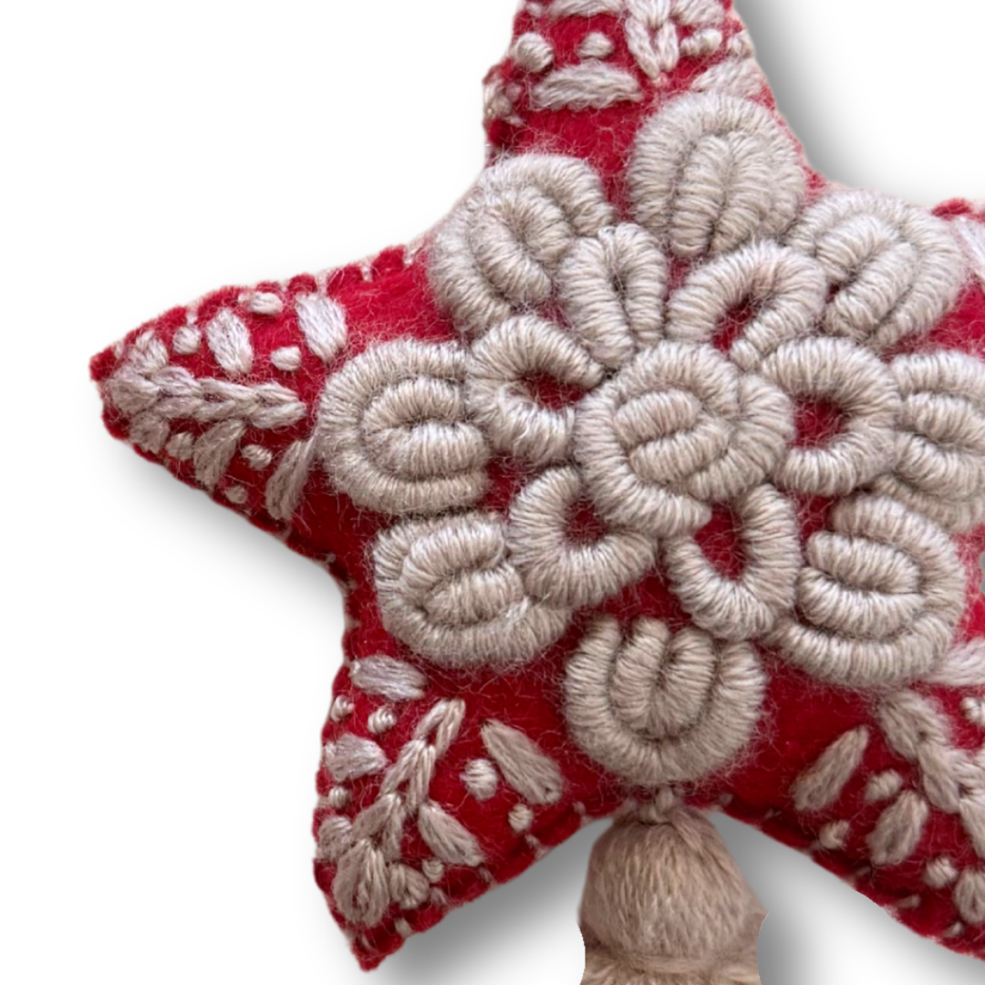 Red Star Embroidered Felted Wool Handmade Ornament - Mexico