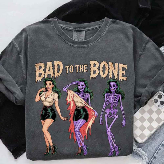 Bad To The Bone Comfort Colors Vintage Shirt - Skeleton Halloween Girl T-shirt