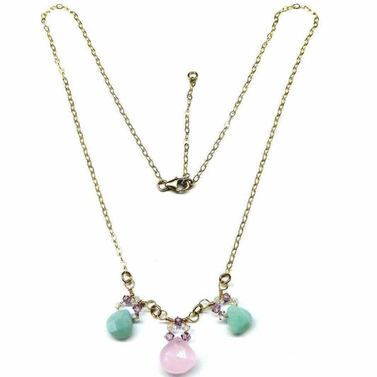 Gold Filled Light Pink and Mint Chalcedony Chain Necklace