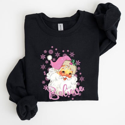 Believe, Pink Santa, Snowflakes, Christmas, Winter, Snow, Xmas Sweatshirt