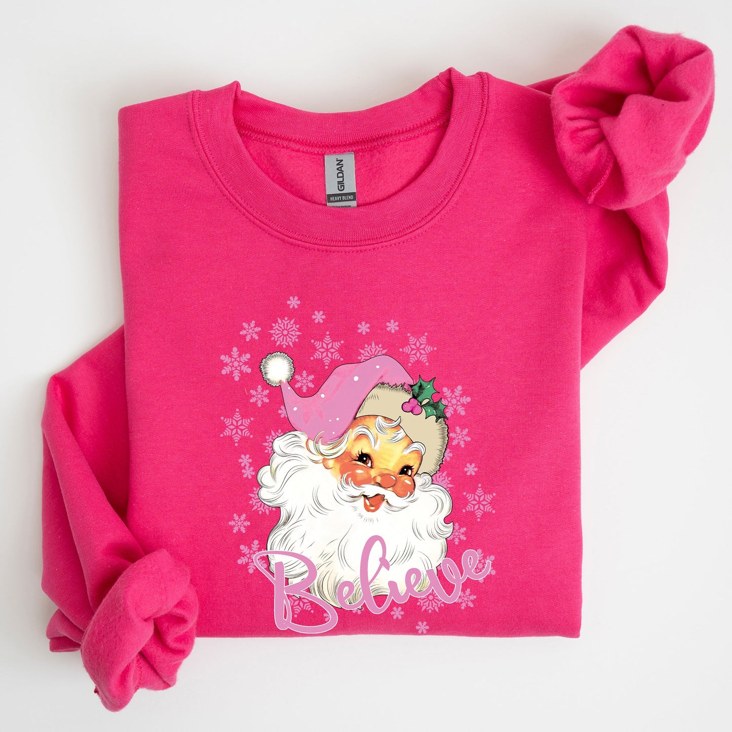 Believe, Pink Santa, Snowflakes, Christmas, Winter, Snow, Xmas Sweatshirt