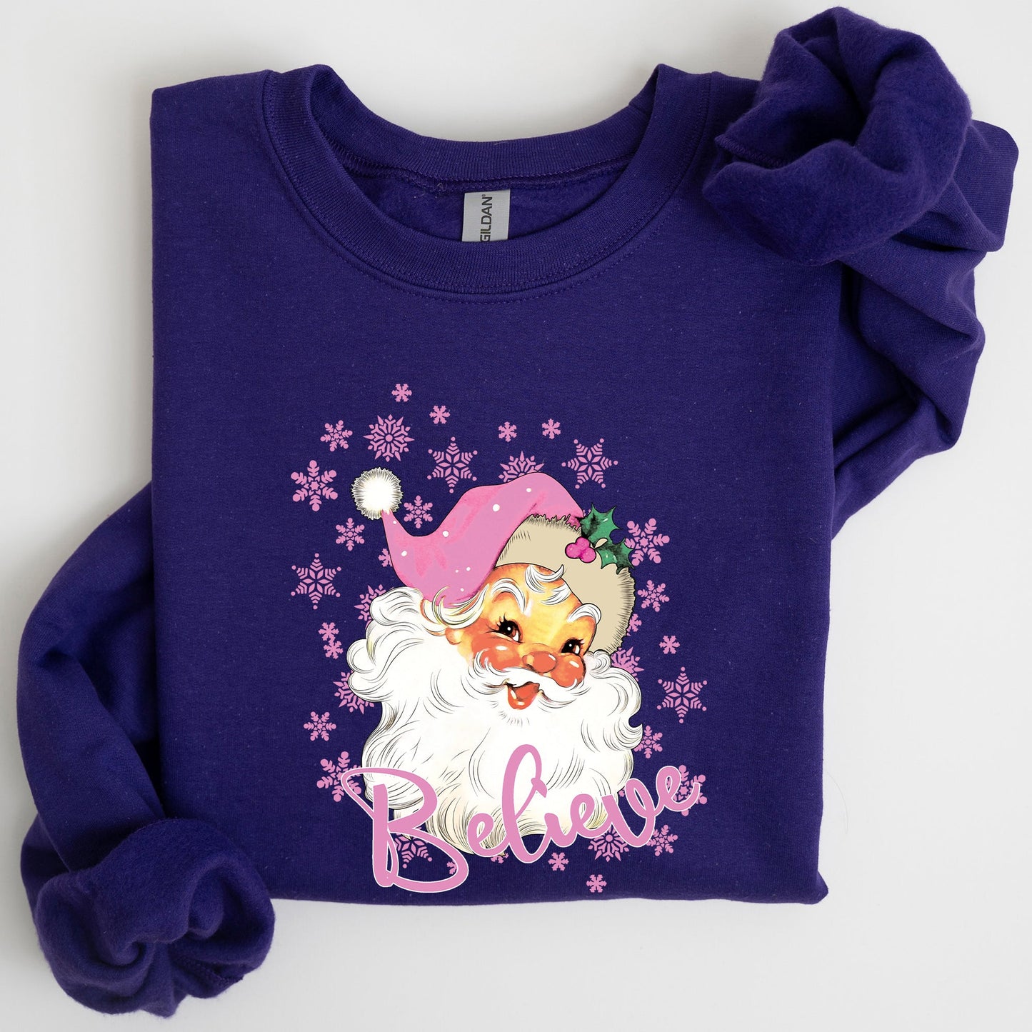 Believe, Pink Santa, Snowflakes, Christmas, Winter, Snow, Xmas Sweatshirt