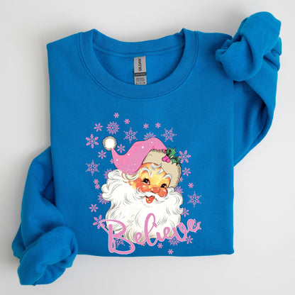 Believe, Pink Santa, Snowflakes, Christmas, Winter, Snow, Xmas Sweatshirt