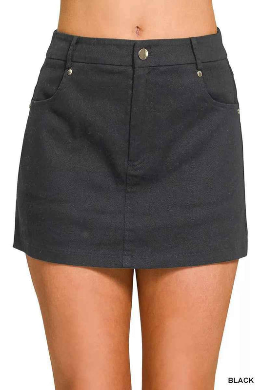 Black Cotton Twill Lined Mini Skirt with Pockets by Zenana
