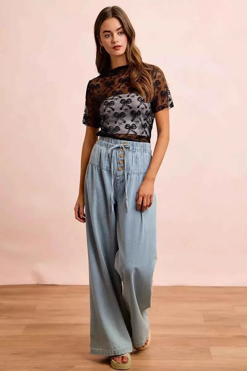 Black High Neckline Short Sleeves Bow Pattern Mesh Top by BiBi