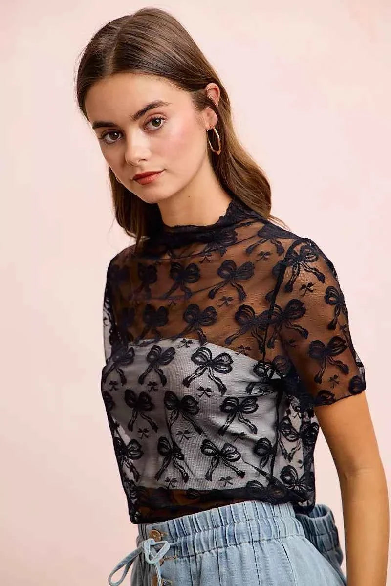 Black High Neckline Short Sleeves Bow Pattern Mesh Top by BiBi