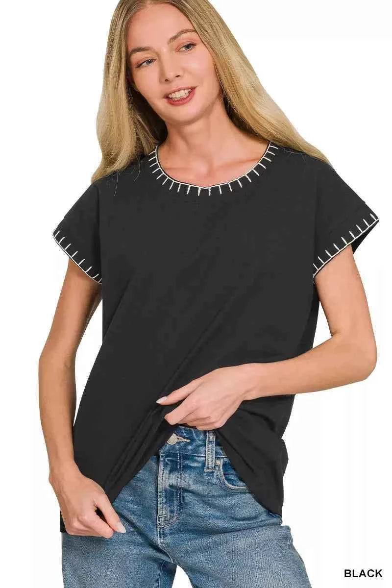 Black Stitch Detailed Oversize Top by Zenana