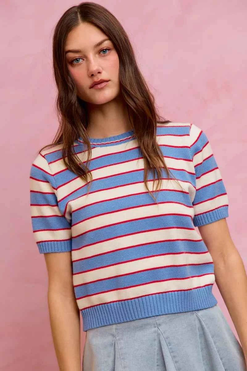 Blue Stripe Knit Crew Neck Short Sleeve Sweater Top by SO ME