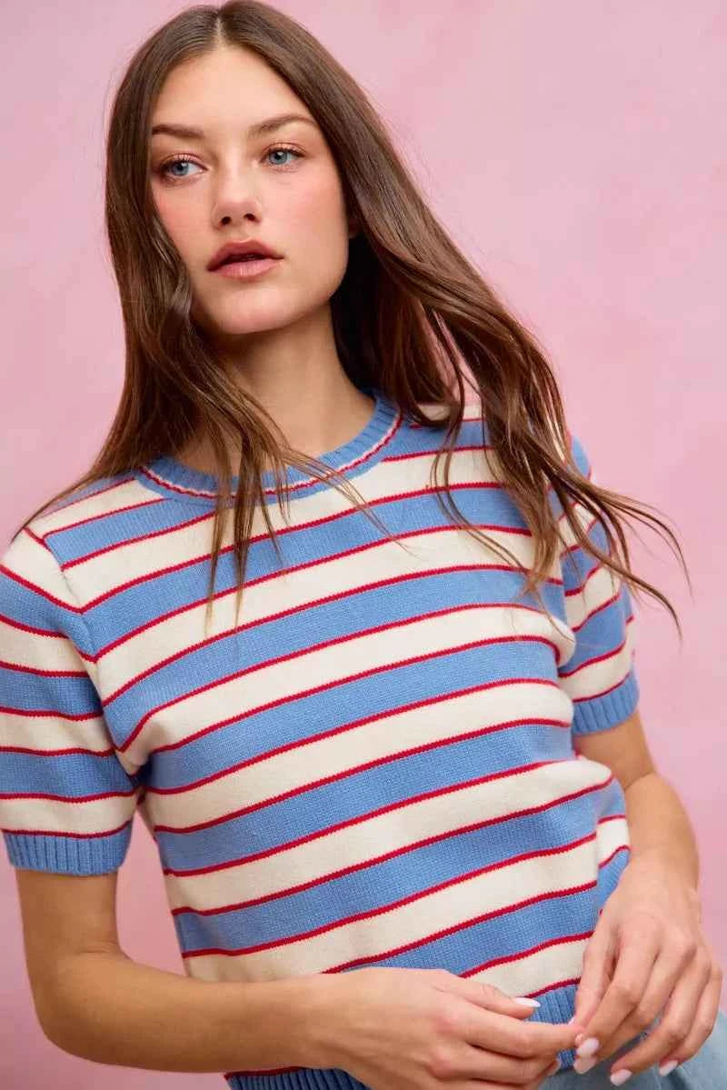 Blue Stripe Knit Crew Neck Short Sleeve Sweater Top by SO ME
