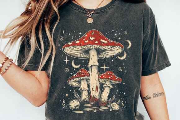 Boho Retro Hippie Mushrooms Natural Unisex Bamboo/Cotton Graphic T-Shirt
