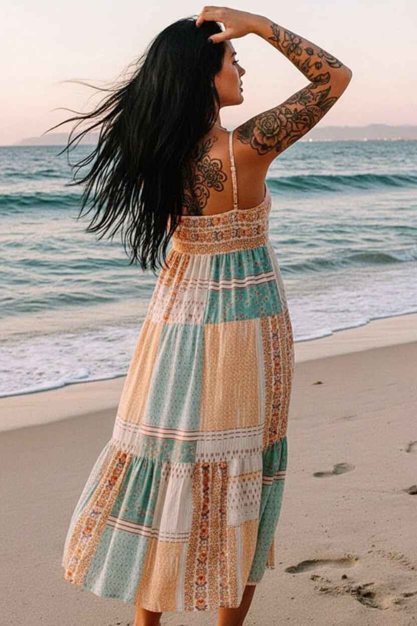 Mint Patchwork Square‑Neck Sundress – Lightweight Boho Summer Dress