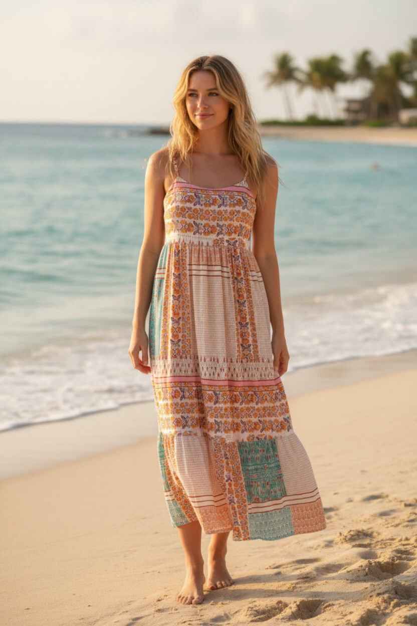 Mint Patchwork Square‑Neck Sundress – Lightweight Boho Summer Dress