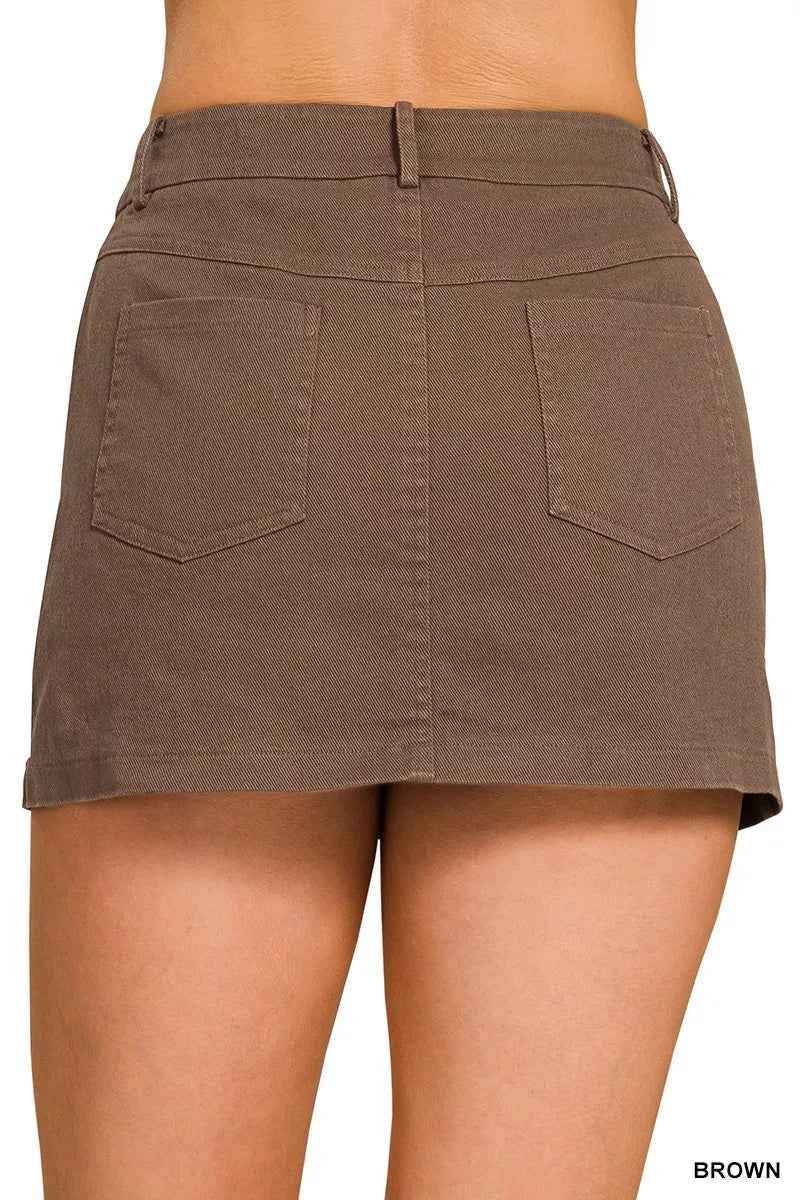 Brown Cotton Twill Lined Mini Skirt with Pockets by Zenana