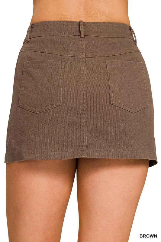 Brown Cotton Twill Lined Mini Skirt with Pockets by Zenana