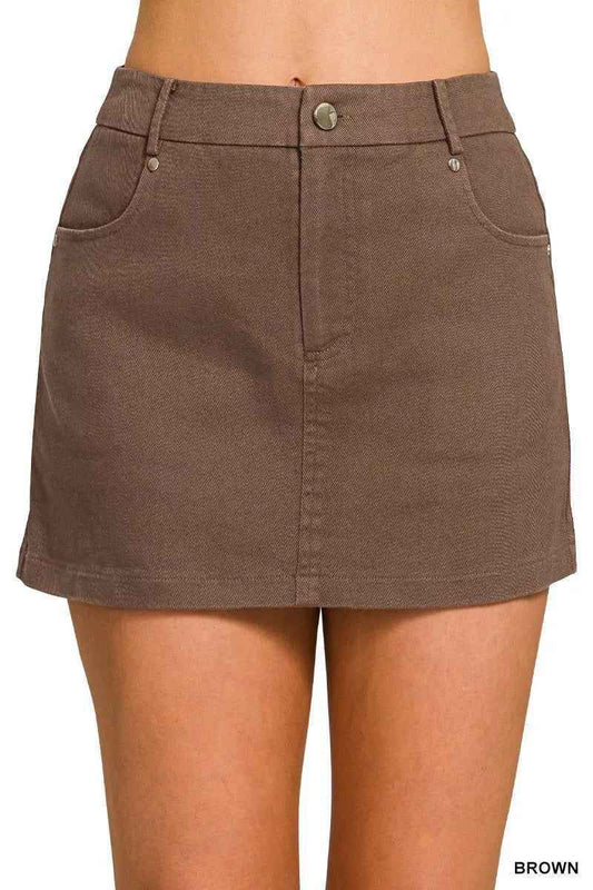 Brown Cotton Twill Lined Mini Skirt with Pockets by Zenana