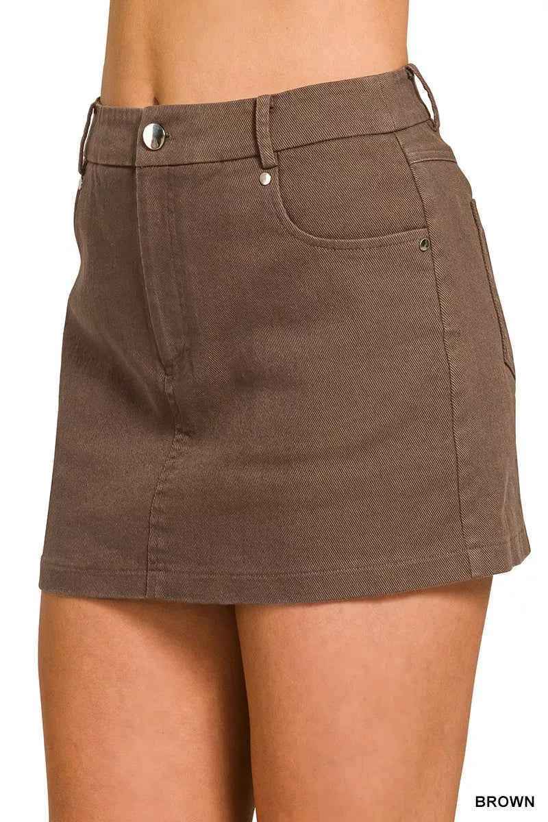 Brown Cotton Twill Lined Mini Skirt with Pockets by Zenana