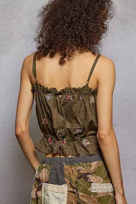 POL Button Down Floral Embroidered Cropped Cami with Lace Detail