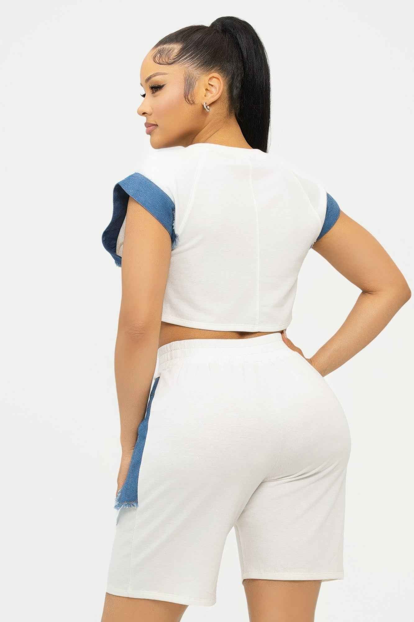 Color Block Denim Sleeve Top And Biker Shorts Set