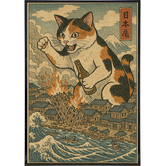 Cat Destroying City Ukiyo-E Original Poster Print