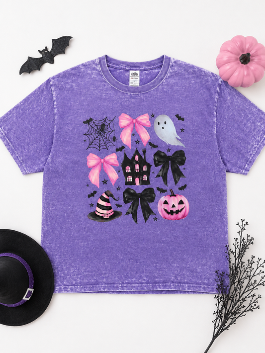 Watercolor Bow Pumpkin Halloween Graphic Burnout T-Shirt