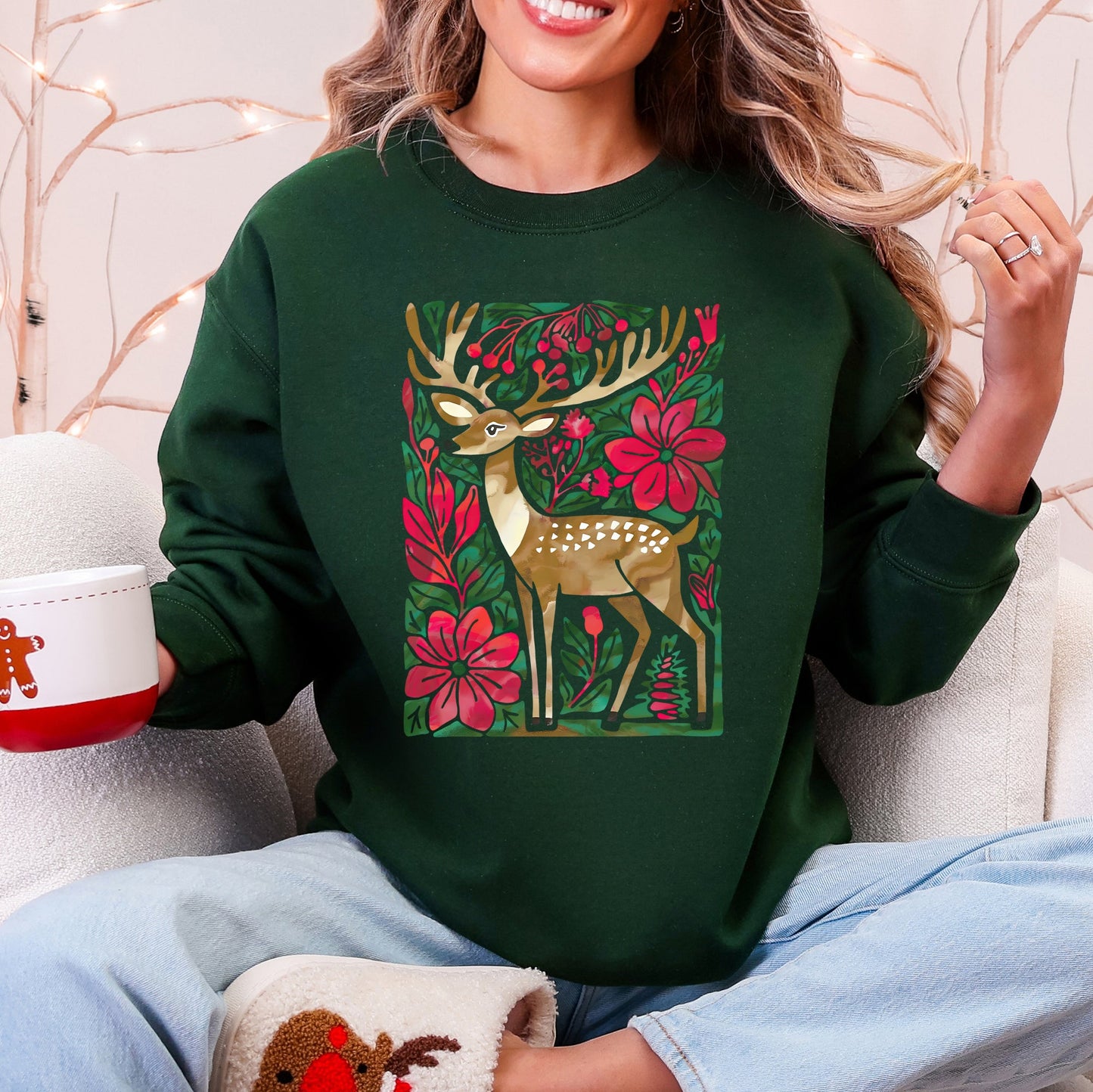 Christmas Deer, Colorful, Flowers, Santa, Snow Sweatshirt