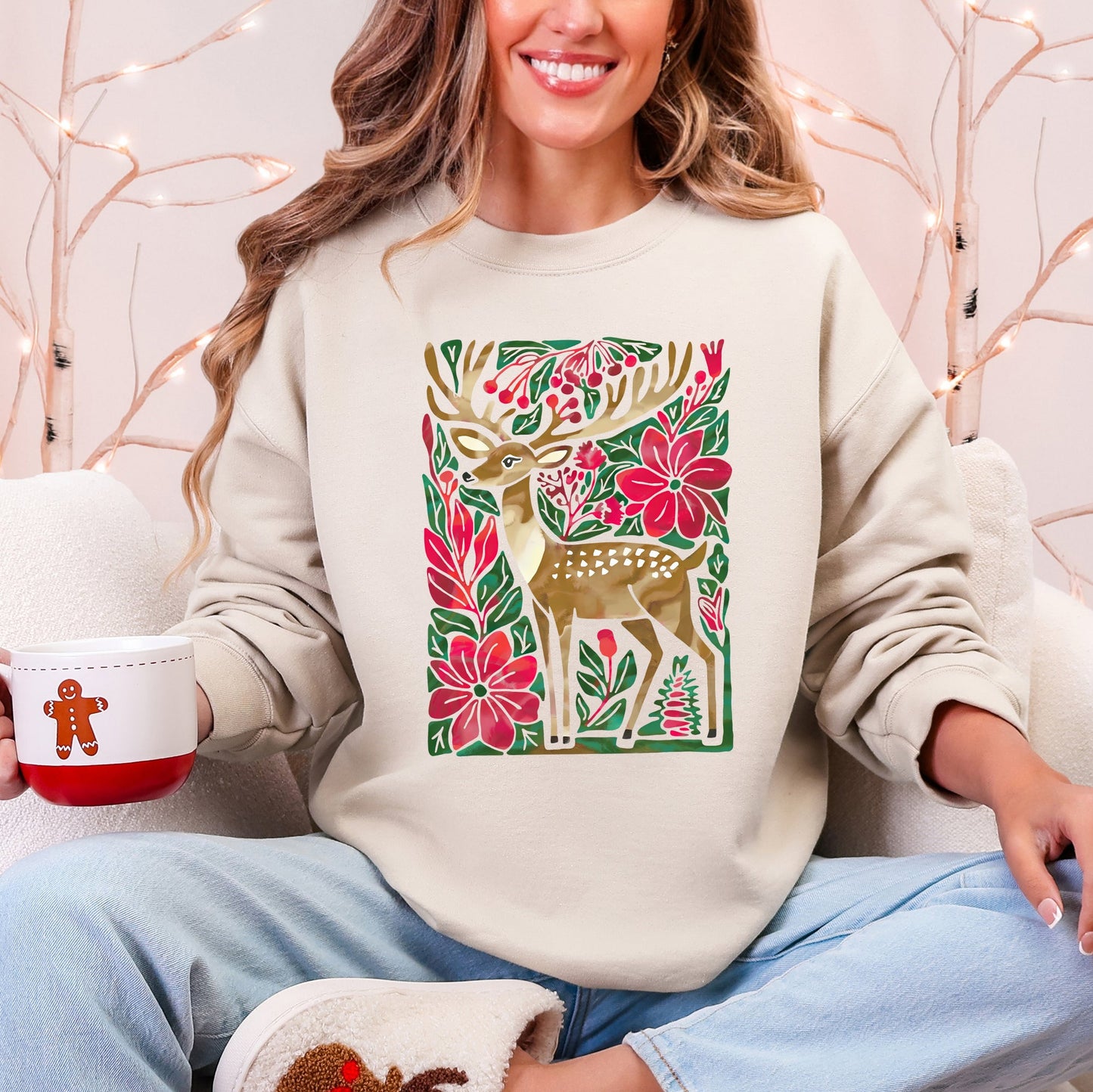 Christmas Deer, Colorful, Flowers, Santa, Snow Sweatshirt