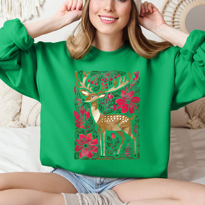Christmas Deer, Colorful, Flowers, Santa, Snow Sweatshirt