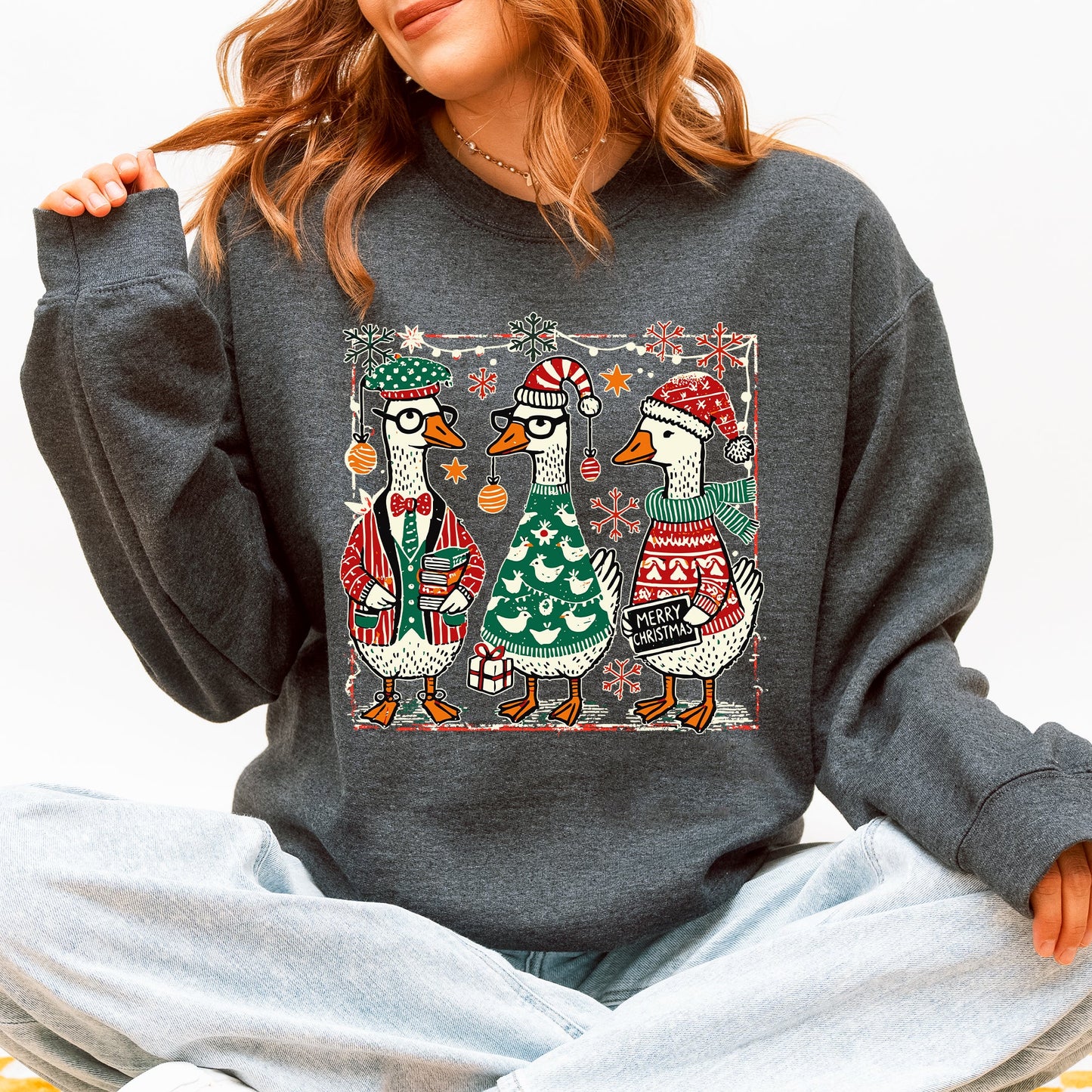 Christmas Geese, Funny, Adorable, Cute, Retro Sweatshirt