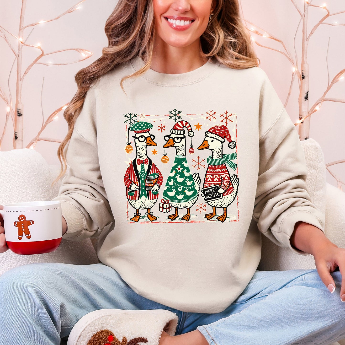 Christmas Geese, Funny, Adorable, Cute, Retro Sweatshirt