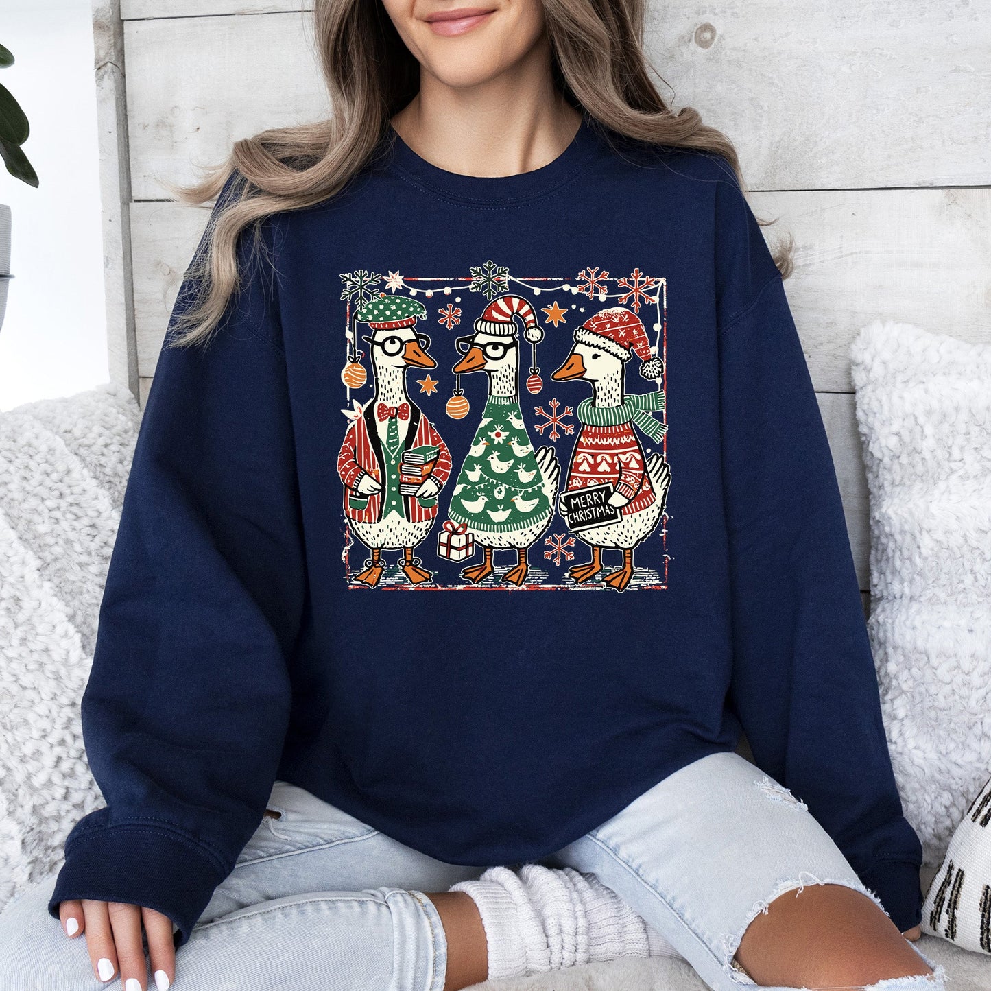 Christmas Geese, Funny, Adorable, Cute, Retro Sweatshirt